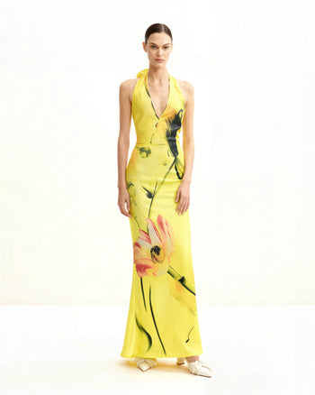 Robe dos nu en satin à fleurs – Jaune/ rose