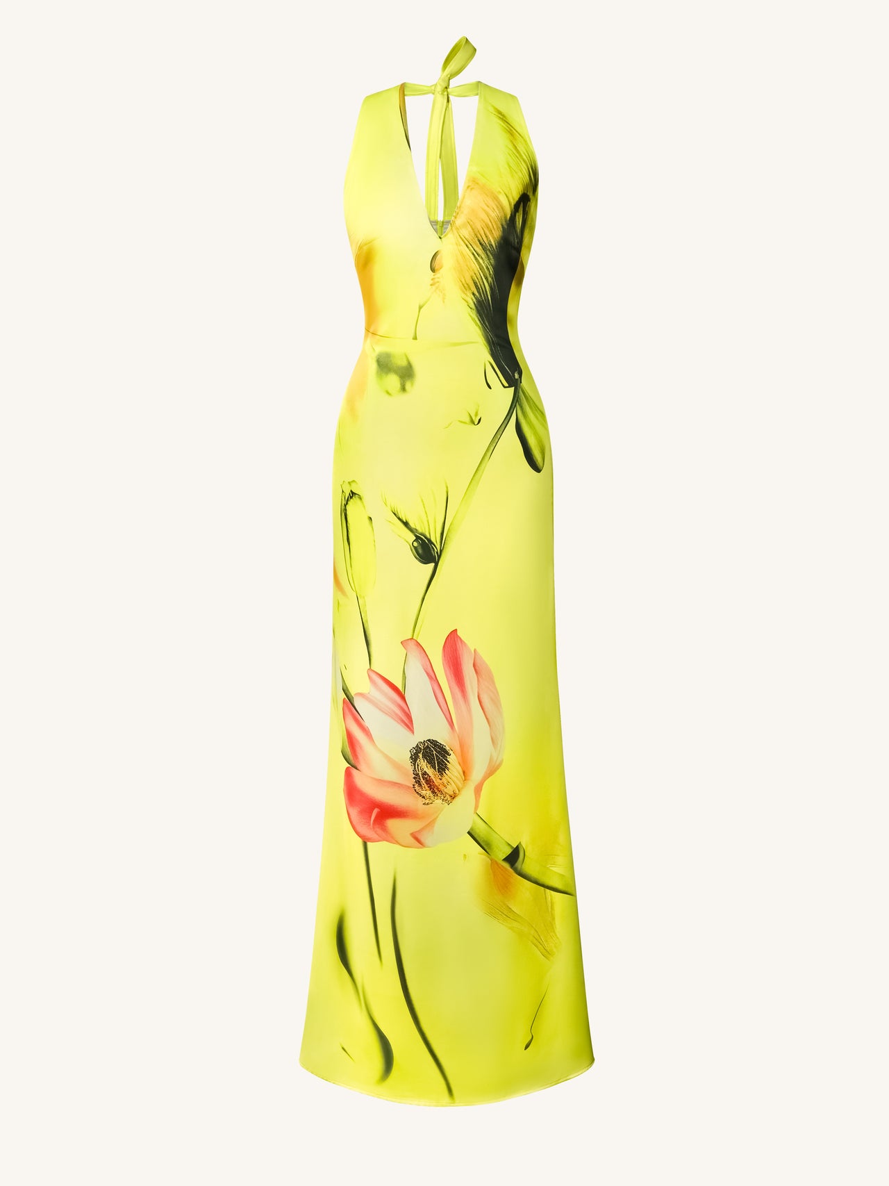 Robe dos nu en satin à fleurs – Jaune/ rose