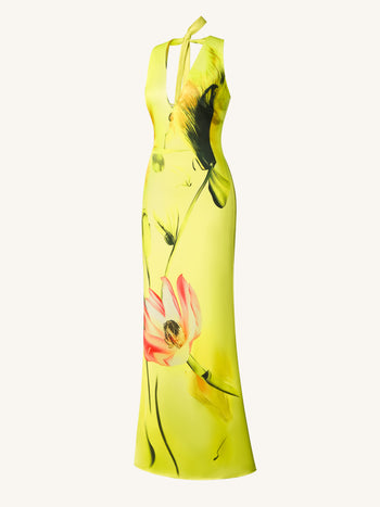 Robe dos nu en satin à fleurs – Jaune/ rose