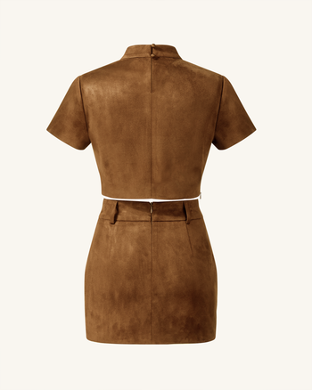 Ensemble Grace en faux suède - Crop top et jupe courte - Camel