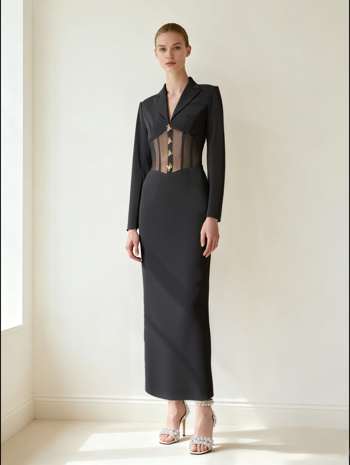 Robe Longue Blazer À Taille Corset Armaturée Transparente - Noir