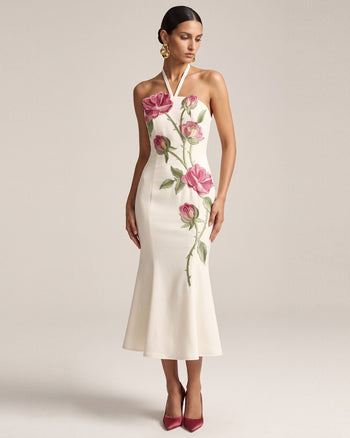 Robe midi dos nu avec broderies roses - Blanc cassé