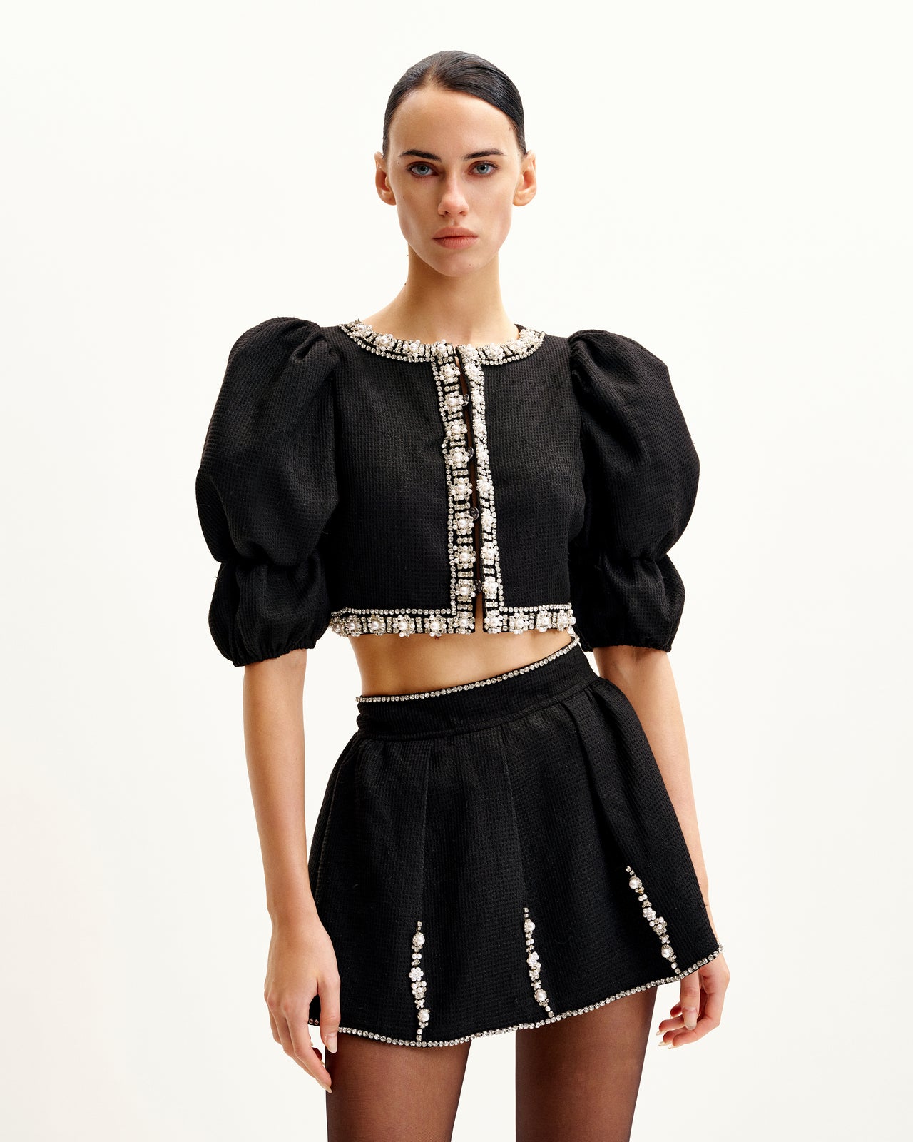 Ensemble en tweed orné de perles - Noir