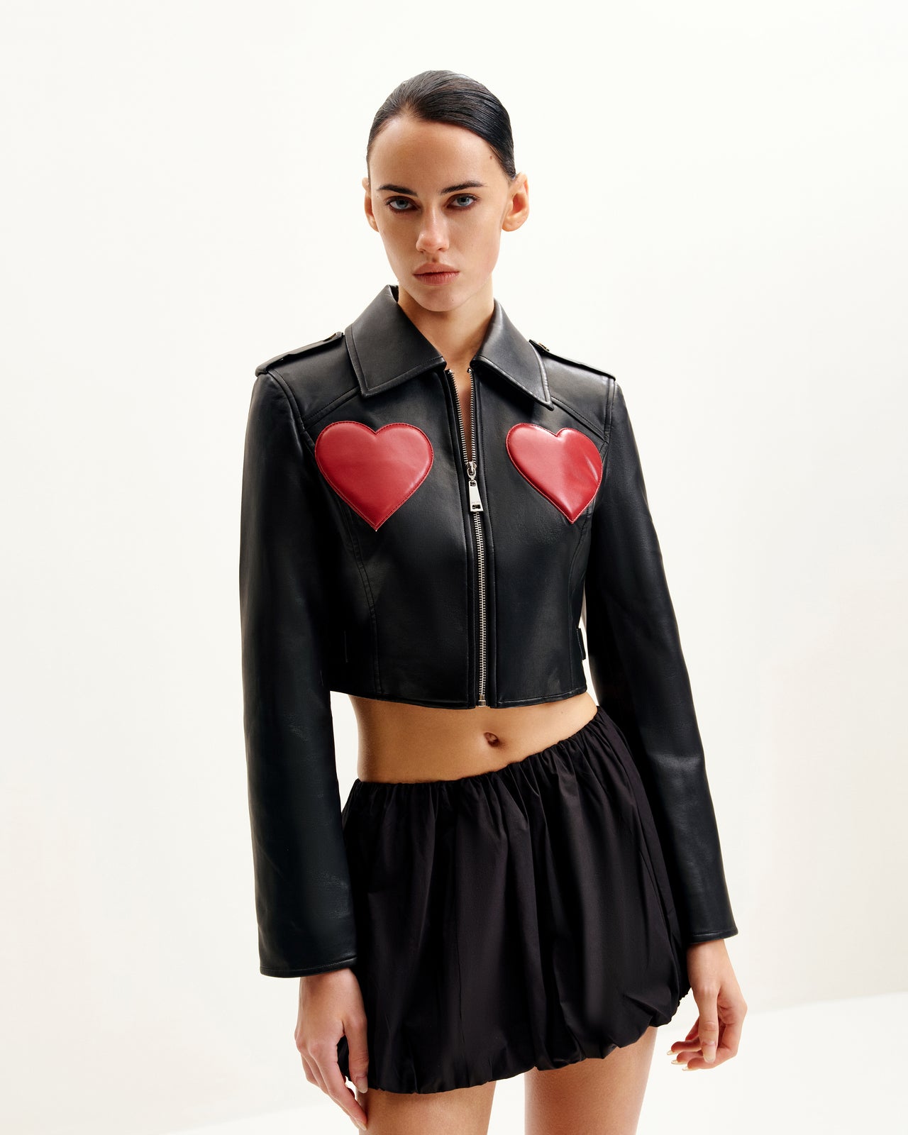 Veste en Cuir Coupée Sophie - Noir & Rouge