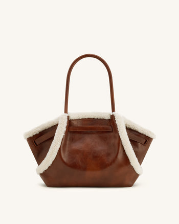 Sac cabas moyen à garniture imitation peau de mouton Hana – Marron
