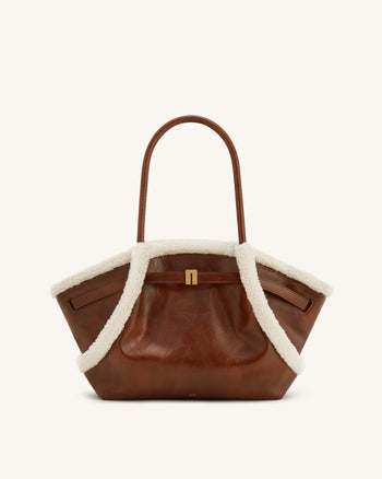 Sac cabas moyen à garniture imitation peau de mouton Hana – Marron