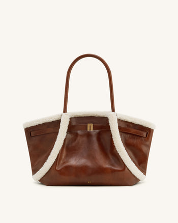 Sac cabas moyen à garniture imitation peau de mouton Hana – Marron