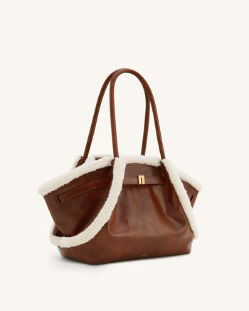 Sac cabas moyen à garniture imitation peau de mouton Hana – Marron