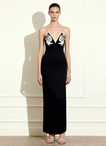 Robe longue noire Ayliua avec encolure cœur ornée de strass - Noir