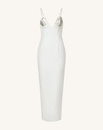 Robe longue blanche Ayliua avec décolleté en cœur orné de strass - Blanc