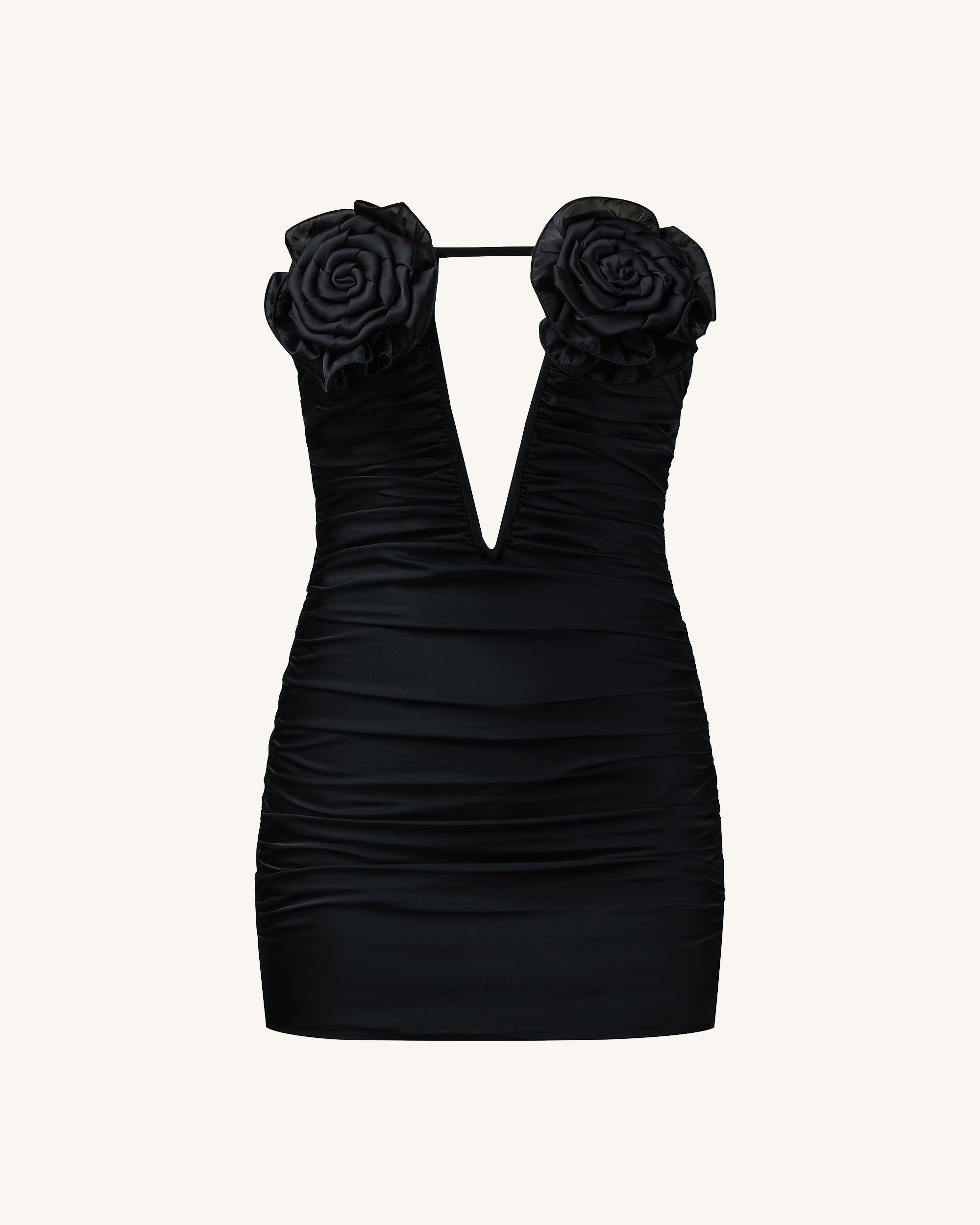 Robe Mini Bailee Noire a Appliques Florales et Froncee Noir