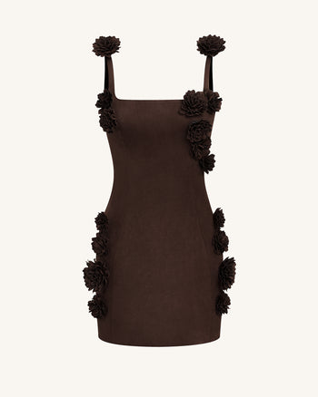 Elaina Robe Mini à Appliques Rosette - Marron Chocolat