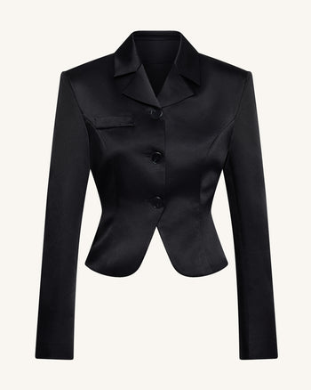 Blazer court en satin à taille sculptée – Noir