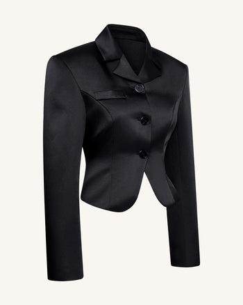 Blazer court en satin à taille sculptée – Noir