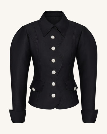 Blazer à manches gigot avec patte de boutonnage festonnée - Noir