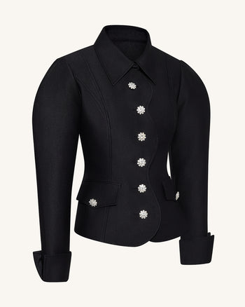 Blazer à manches gigot avec patte de boutonnage festonnée - Noir