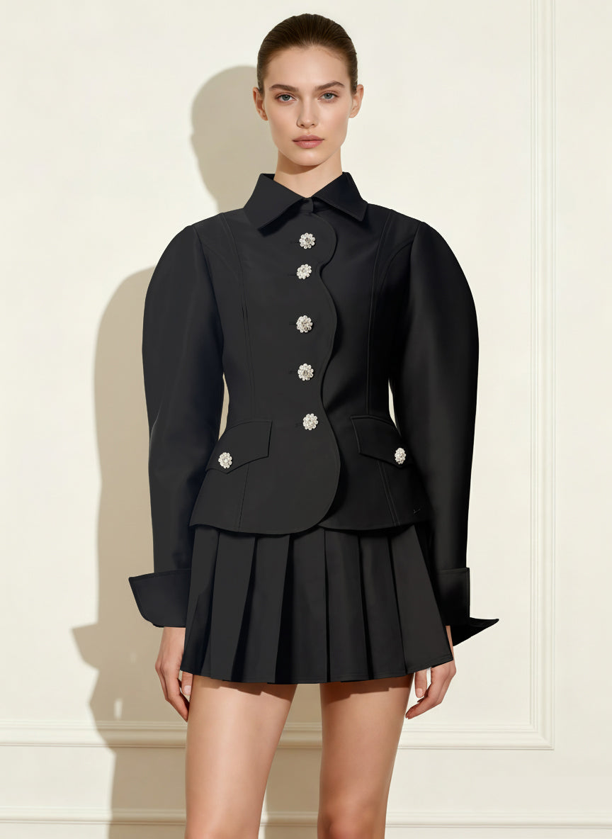 Blazer à manches gigot avec patte de boutonnage festonnée - Noir