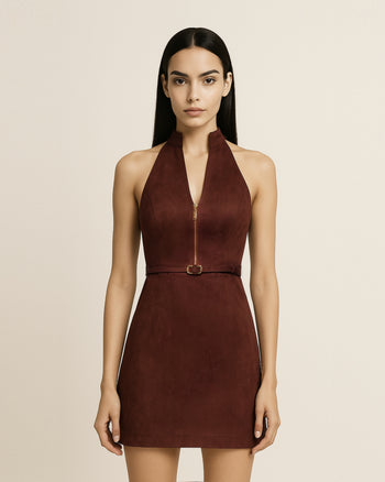 Robe mini à col halter zippée sur le devant en suédine – Bordeaux