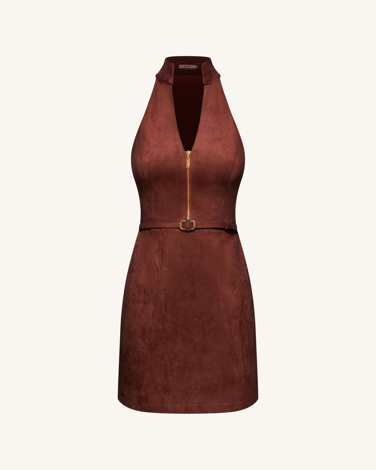 Robe mini à col halter zippée sur le devant en suédine – Bordeaux