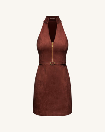 Robe mini à col halter zippée sur le devant en suédine – Bordeaux