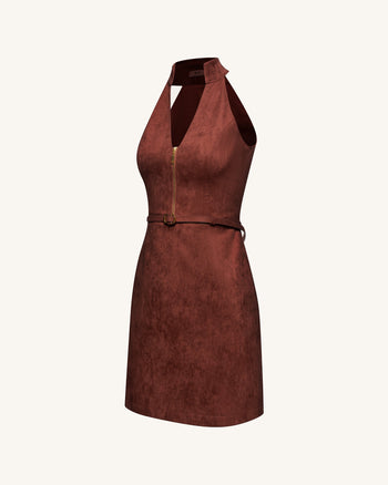 Robe mini à col halter zippée sur le devant en suédine – Bordeaux