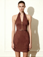 Robe mini à col halter zippée sur le devant en suédine – Bordeaux