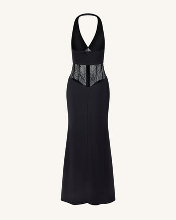 Robe longue froncée à empiècement en dentelle - Noir