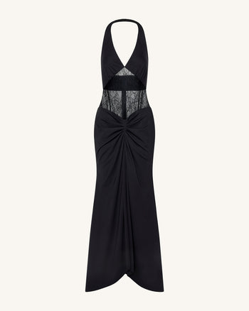 Robe longue froncée à empiècement en dentelle - Noir