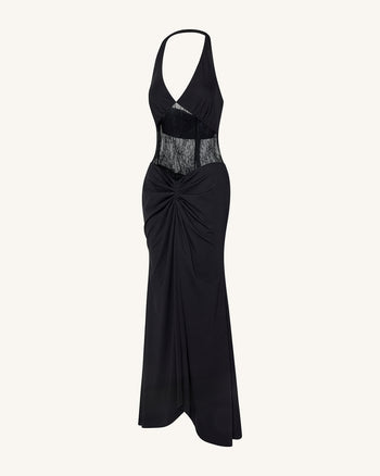 Robe longue froncée à empiècement en dentelle - Noir