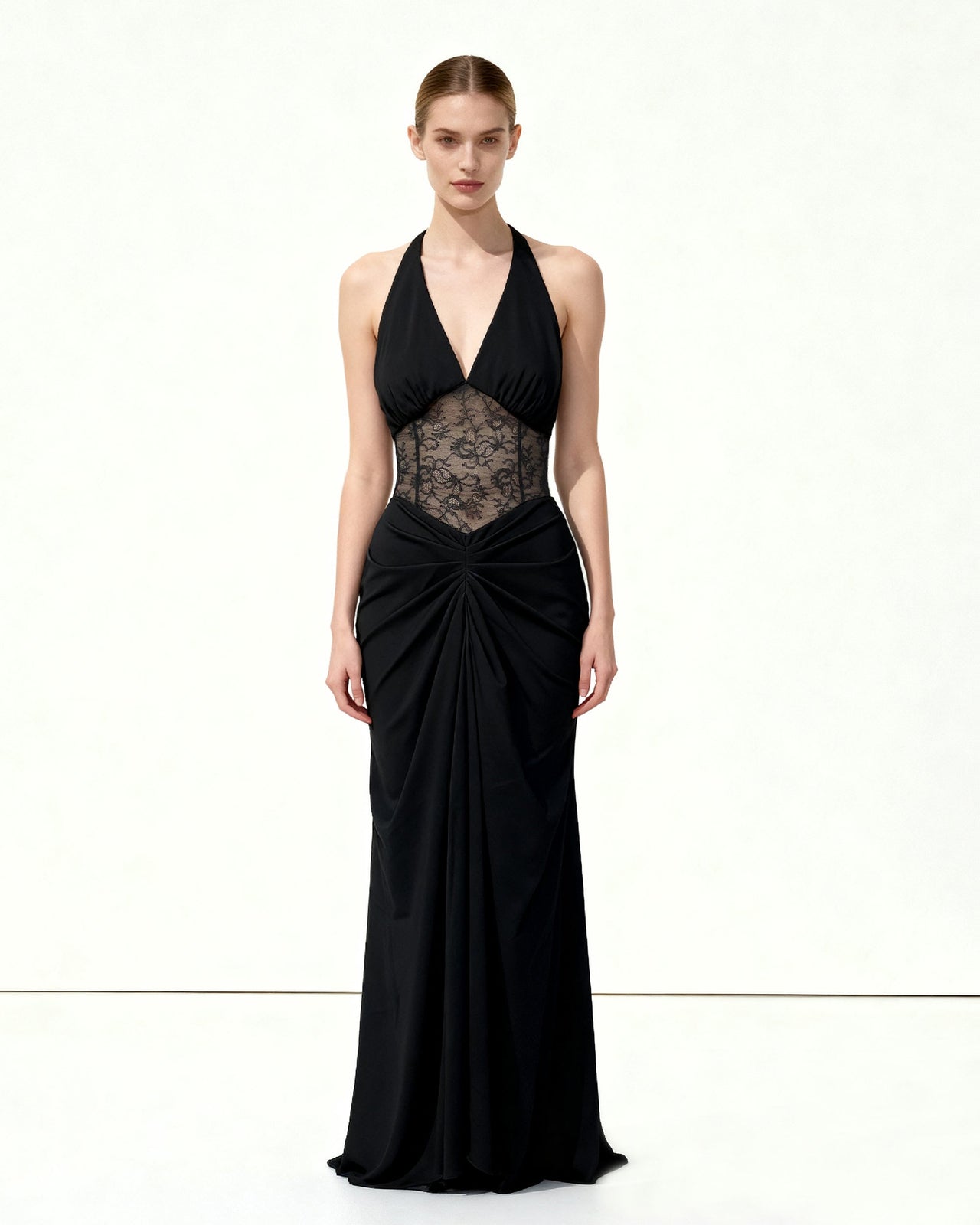 Robe longue froncée à empiècement en dentelle - Noir