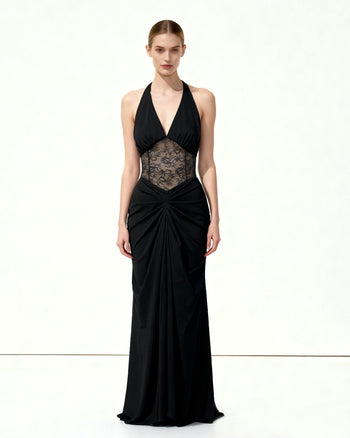 Robe longue froncée à empiècement en dentelle - Noir