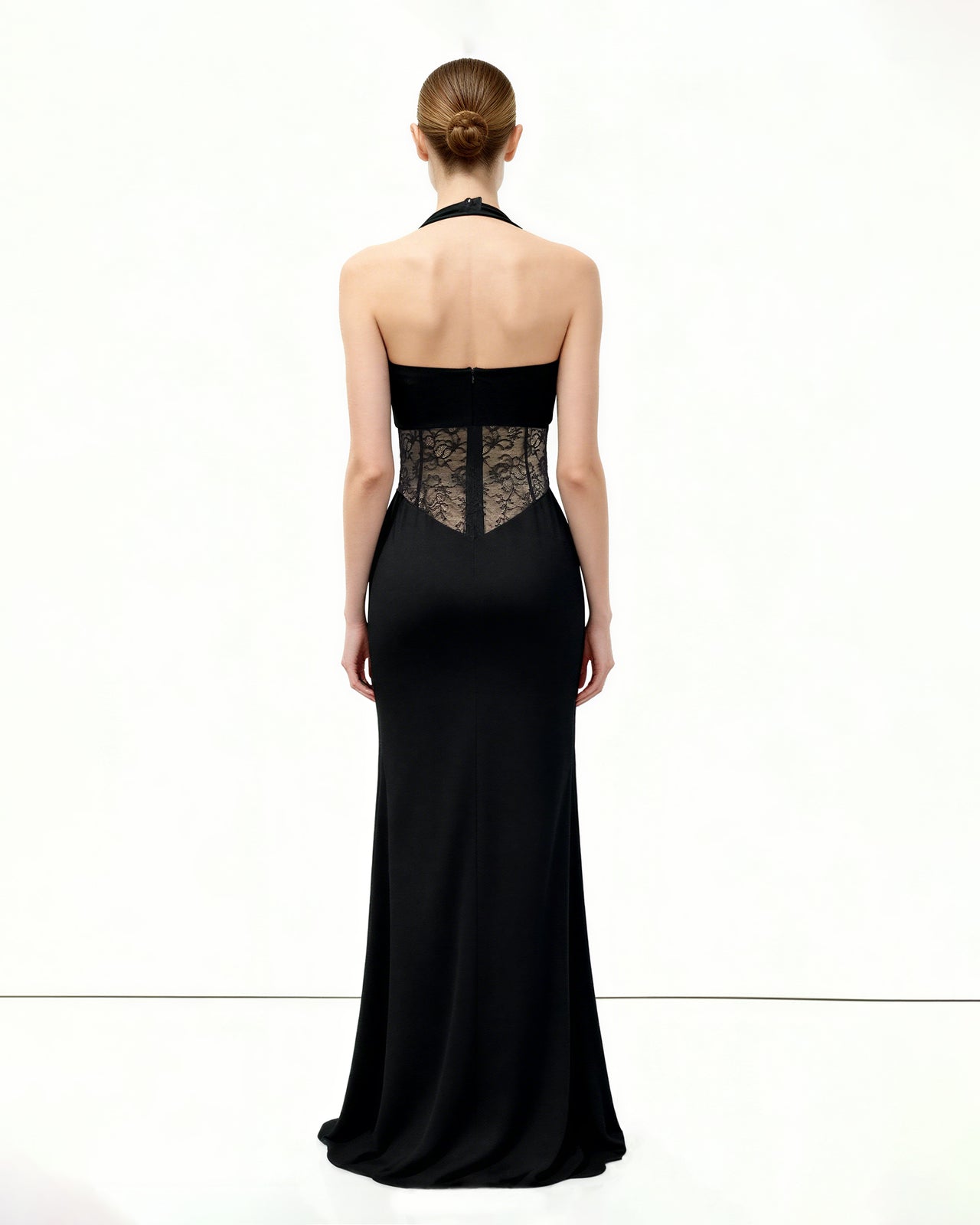 Robe longue froncée à empiècement en dentelle - Noir