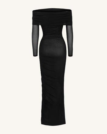 Robe longue sirène froncée à épaules dénudées et manches en maille - Noir