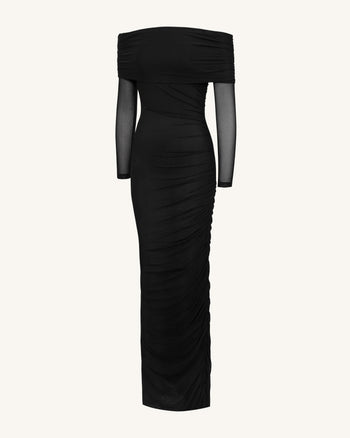 Robe longue sirène froncée à épaules dénudées et manches en maille - Noir