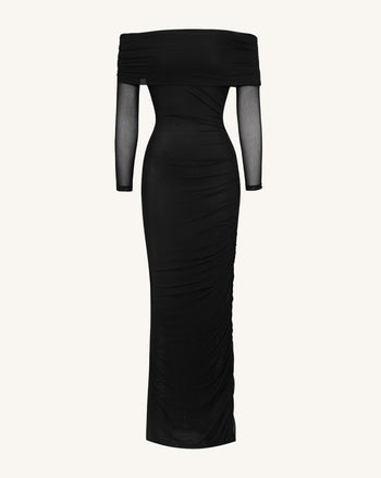 Robe longue sirène froncée à épaules dénudées et manches en maille - Noir