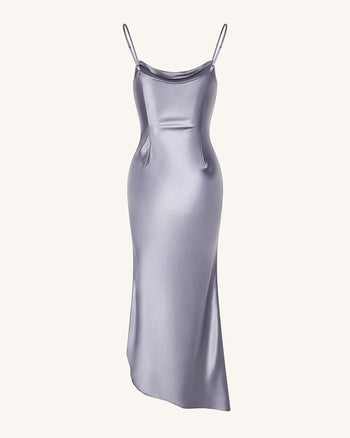 Robe longue en satin fluide à col bénitier et fente - Argenté