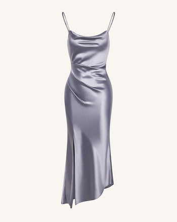 Robe longue en satin fluide à col bénitier et fente - Argenté