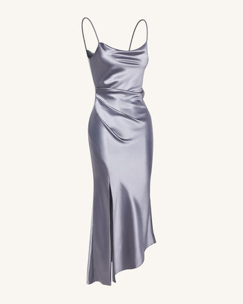 Robe longue en satin fluide à col bénitier et fente - Argenté
