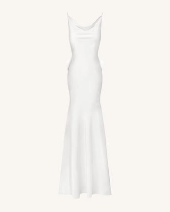 Satin Robe longue à col bénitier et nœud au dos - Blanc