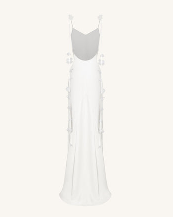 Satin Robe longue à fines bretelles et rubans floraux - Blanc