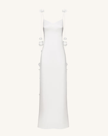 Satin Robe longue à fines bretelles et rubans floraux - Blanc