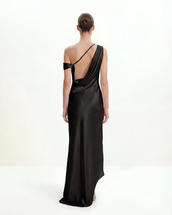 Robe asymétrique drapée en satin à une épaule - Noir