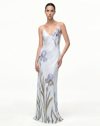 Iris Robe nuisette en satin à motifs - Bleu clair