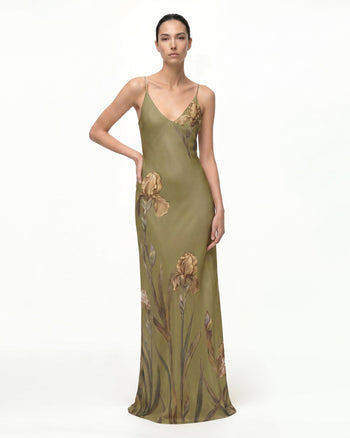 Iris Robe nuisette en satin à motifs - Vert olive