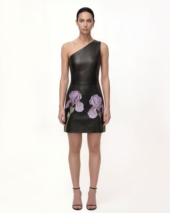 Iris Mini robe en cuir à une épaule et imprimé floral - Noir