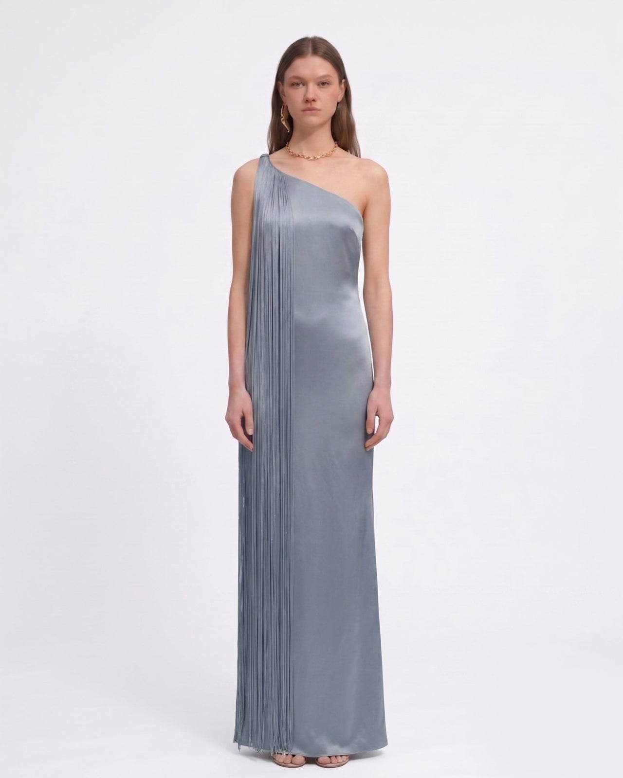 Robe longue asymétrique à franges - Bleu brume