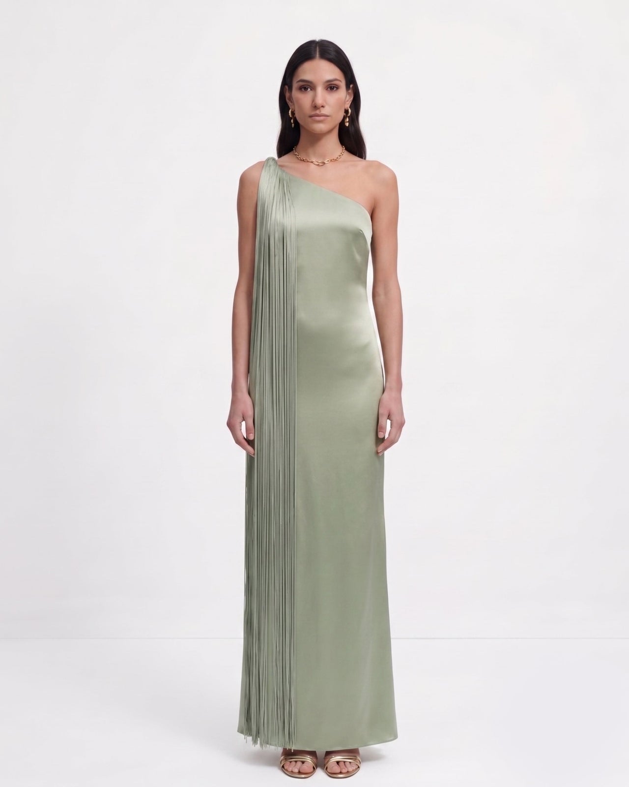 Robe longue asymétrique à franges - Vert sauge