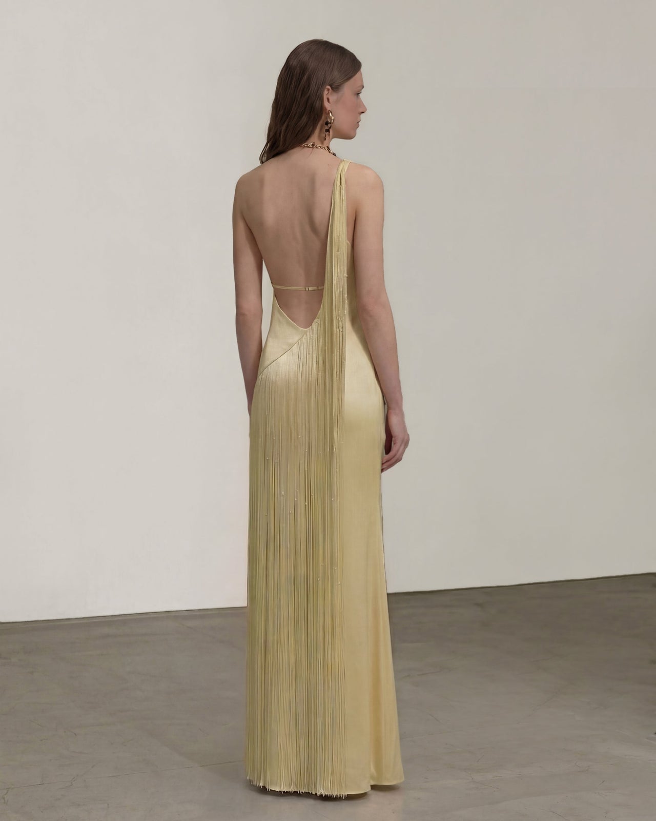 Robe longue asymétrique à franges - Champagne