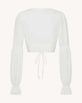 Blouse courte en mousseline à manches lanternes à nouer sur le devant - Blanc