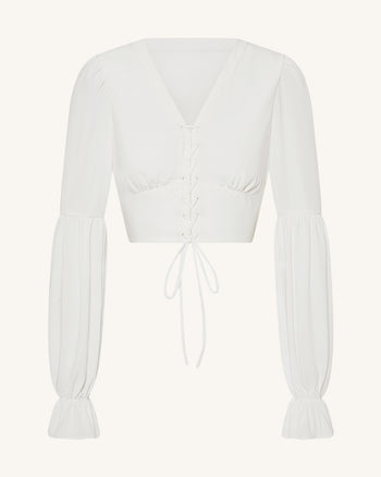 Blouse courte en mousseline à manches lanternes à nouer sur le devant - Blanc